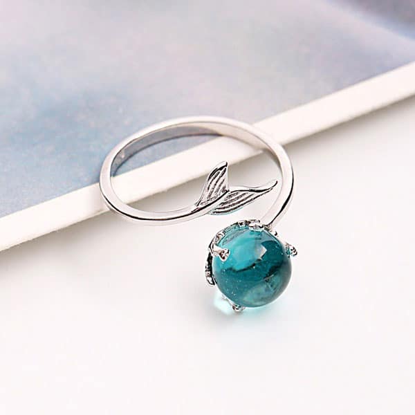 Original 925 Sterling Silver Adjustable Ring Open Blue Crystal Mermaid Bubble Original 925 Sterling Silver Adjustable Ring Open Blue Crystal Mermaid Bubble