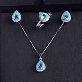 Blue Topaz Ring + Pendant + Earring Jewelry Sets 925 Silver 3 Blue Topaz Ring + Pendant + Earring Jewelry Sets 925 Silver