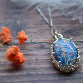 Blue Opal Oval Pendant Silver 925 Sterling Fine Necklace