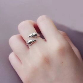 Genuine 925 Sterling Silver Smooth Surface Cute Dolphin Adjustable Ring Fine Jewelry