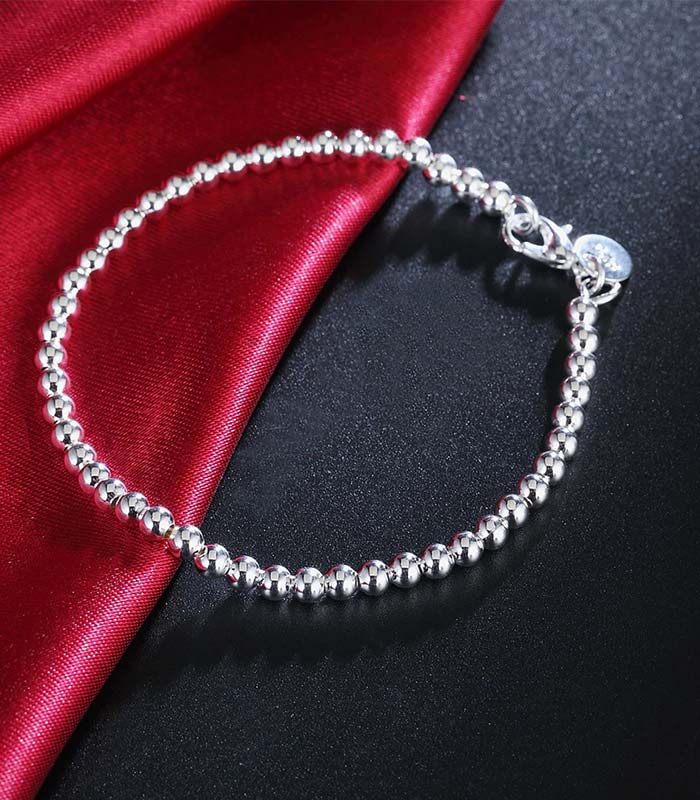 Solid Silver Fashion 4mm Beads Chain Bracelet 20cm Real Sterling 925