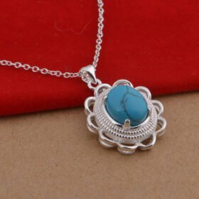 Bague Ringen Turquoise Flower Shaped 925 Sterling Silver Necklace