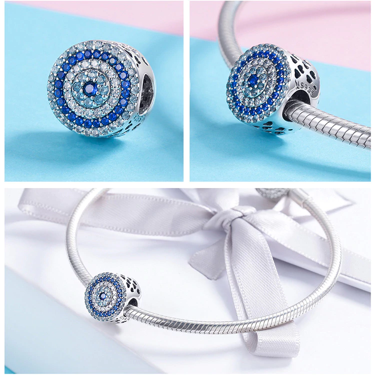 Blue Eye Lucky Blue Cubic Zircon Beads Charms fit Necklace Bracelets Jewelry 925 Sterling Silver