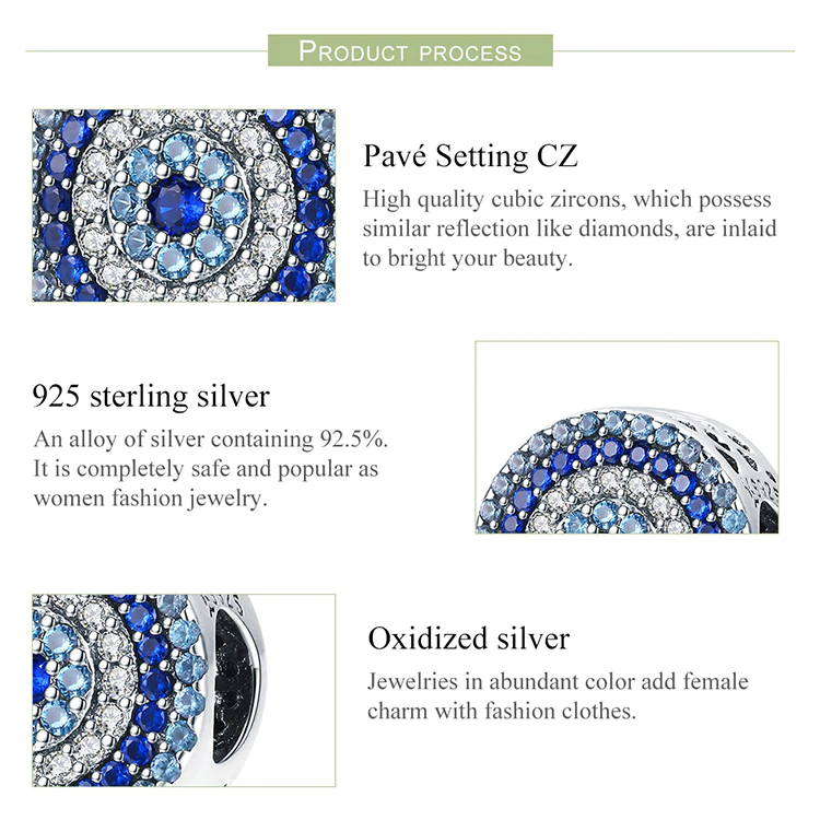 Blue Eye Lucky Blue Cubic Zircon Beads Charms fit Necklace Bracelets Jewelry 925 Sterling Silver