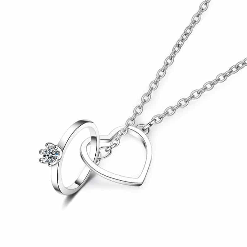 Exquisite Love Necklaces Double Circle Crystal Heart Shaped 925 Sterling Silver