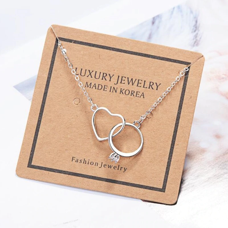 Exquisite Love Necklaces Double Circle Crystal Heart Shaped 925 Sterling Silver