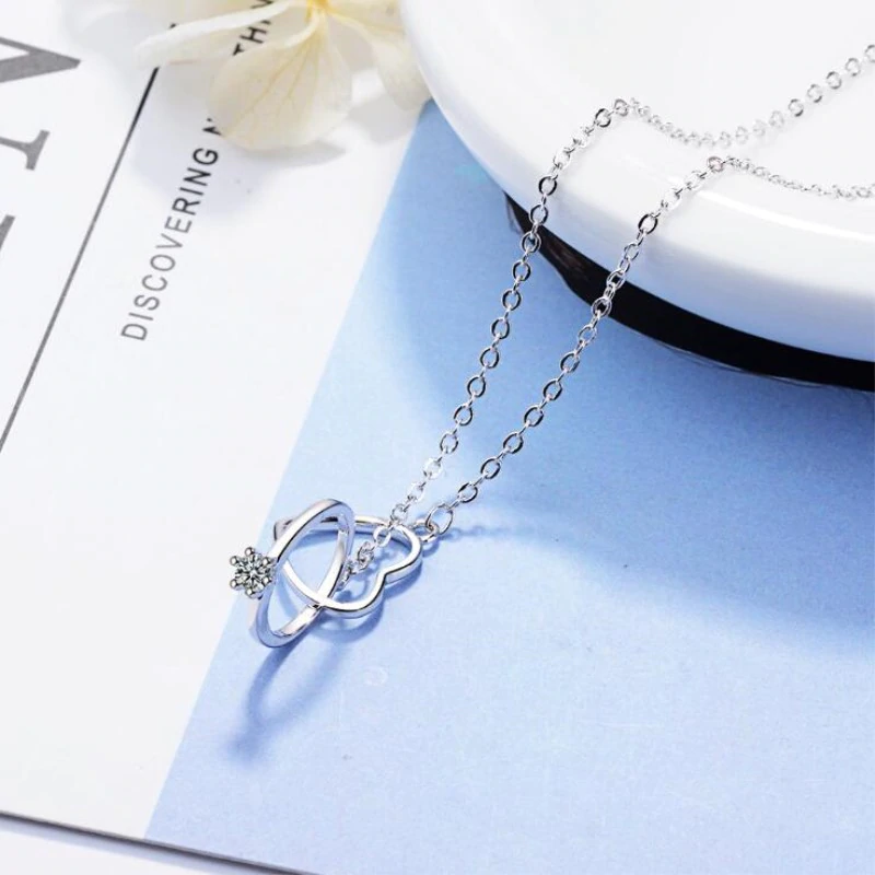 Exquisite Love Necklaces Double Circle Crystal Heart Shaped 925 Sterling Silver
