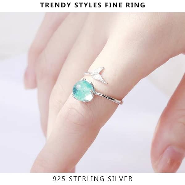 Original 925 Sterling Silver Adjustable Ring Open Blue Crystal Mermaid Bubble