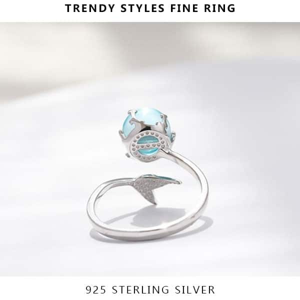 Original 925 Sterling Silver Adjustable Ring Open Blue Crystal Mermaid Bubble