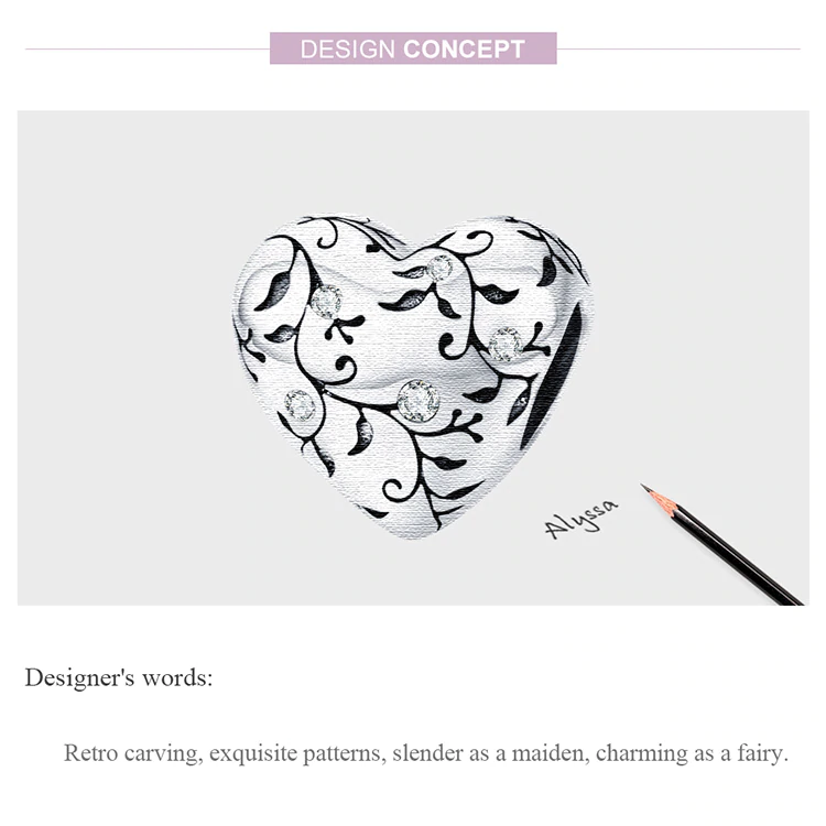 Original Heart Beads Pattern Charm Pastoral Style Retro Flower 925 Sterling Silver Jewelry