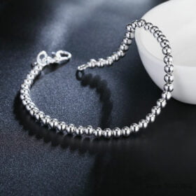 Original Solid 925 Sterling Silver Fashion 4mm Beads Chain Bracelet 20cm Fine Jewelry