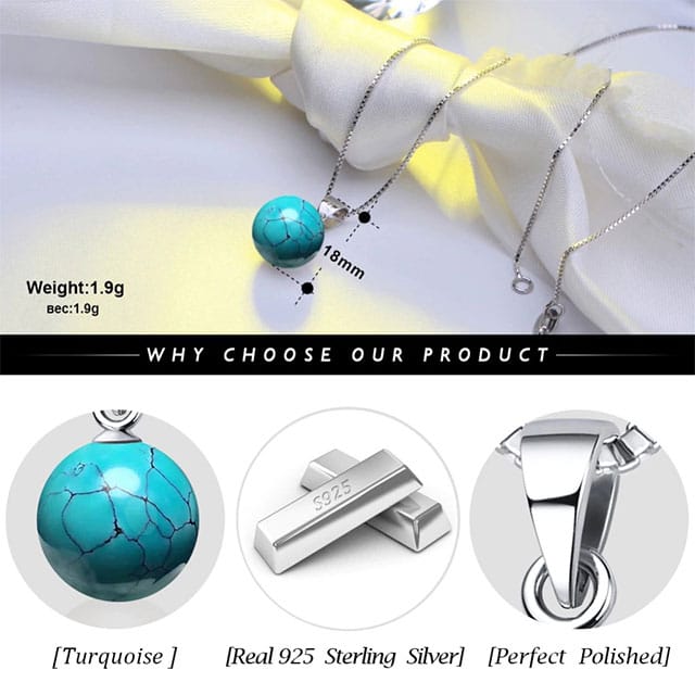 Trendy 925 Sterling Silver Necklace Natural Round Turquoise Jewelry