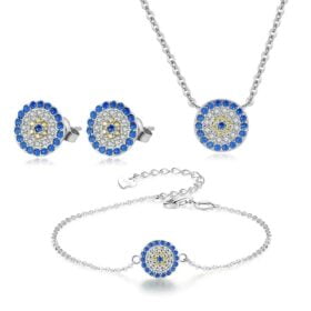 Blue Eye 3 Piece Set Earrings + Bracelet + Necklace 925 Sterling Silver