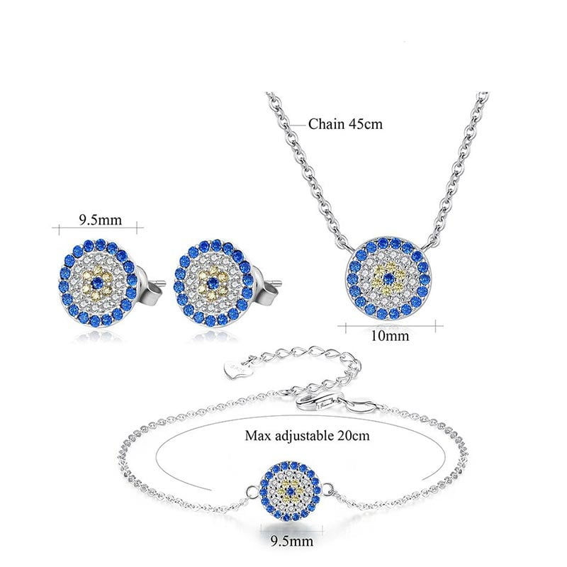 Blue Eye 3 Piece Set Earrings + Bracelet + Necklace 925 Sterling Silver