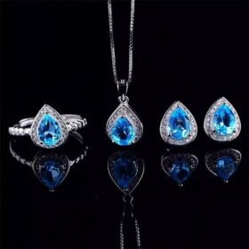 Blue Topaz Ring + Pendant + Earring Jewelry Sets 925 Silver