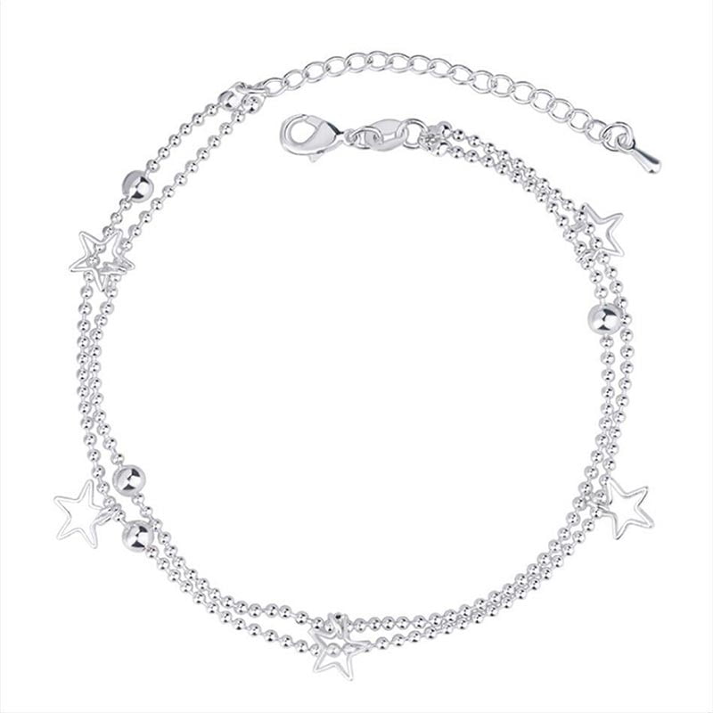 Double Beads Chain Star Anklet 925 Sterling Silver