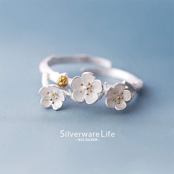 Elegant Plum Jewel Blossom 925 Sterling Silver Adjustable Rings