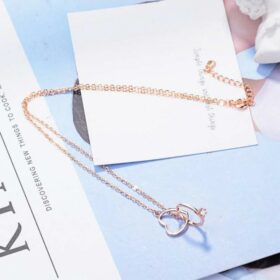 Exquisite Love Ros Gold Necklaces Double Circle Crystal Heart Shaped 925 Sterling Silver