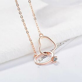 Exquisite Love Ros Gold Necklaces Double Circle Crystal Heart Shaped 925 Sterling Silver