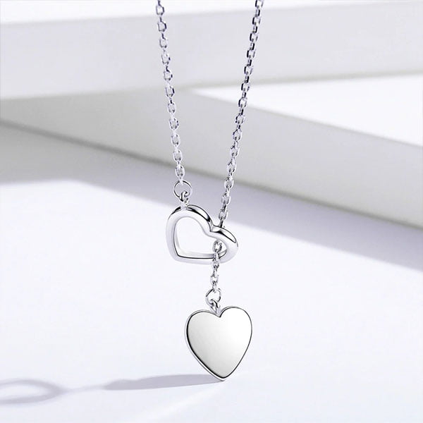 Genuine Double Charm Heart 925 Sterling Silver Necklace Fine Jewelry