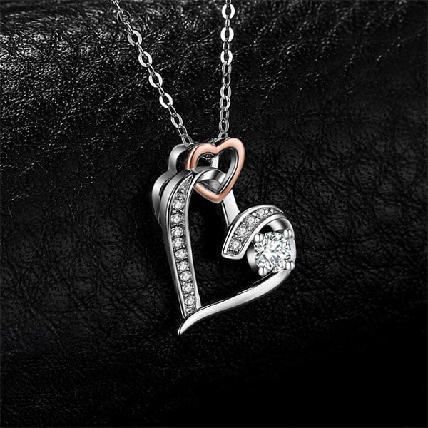 Lovely Double Love In Your Heart Pendant Necklace 925 Sterling Silver