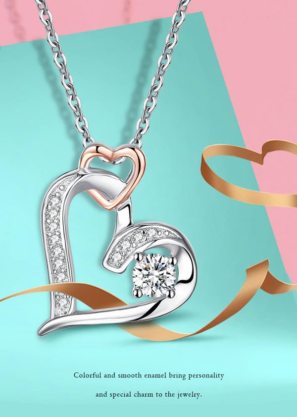 Lovely Double Love In Your Heart Pendant Necklace 925 Sterling Silver