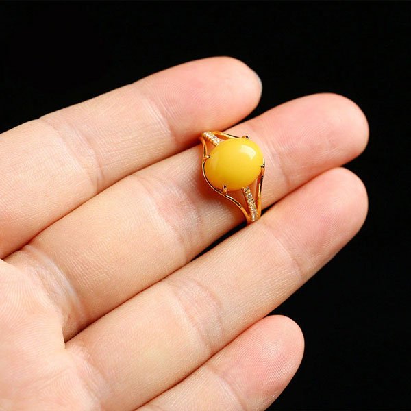 Natural Yellow Amber Ring Adjustable Size 925 Silver