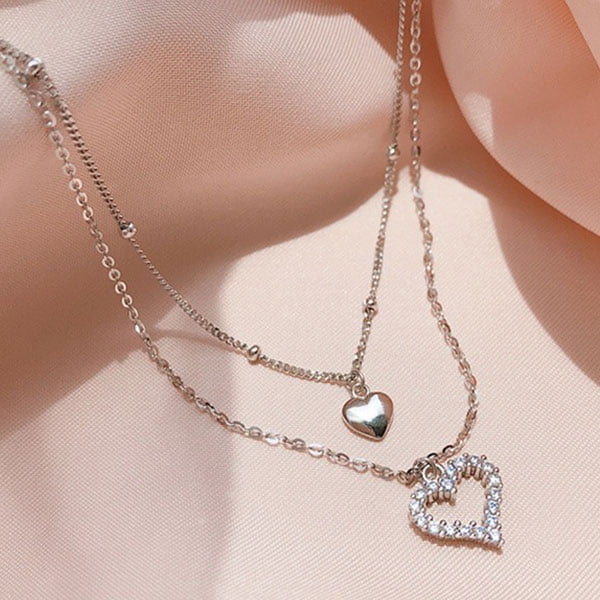 Romantic Double Heart Shaped 925 Sterling Silver Necklace