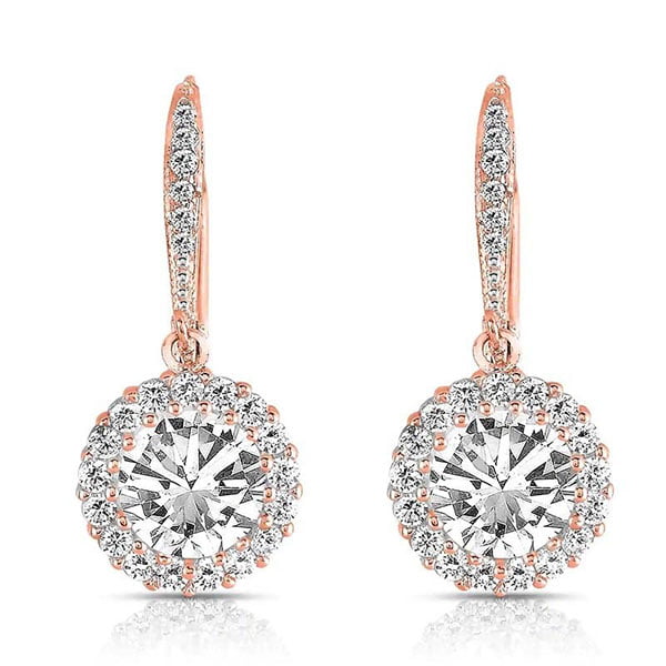 Rose Gold Sparkle Drop Dangle Round Earrings 925 Sterling Silver