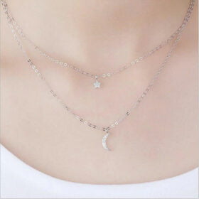Trendy Double Layer Link Chain Star Moon Shape Crystal 925 Sterling Silver
