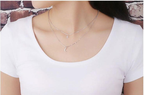 Trendy Double Layer Link Chain Star Moon Shape Crystal 925 Sterling Silver