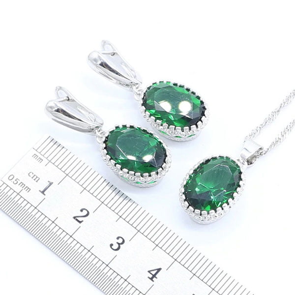 Triple Jewelry Set Round Created Emerald Earrings,Necklace & Rings 925 Sterling Silver