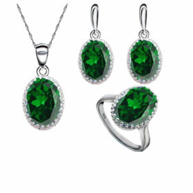 Triple Jewelry Set Round Created Emerald Earrings,Necklace & Rings 925 Sterling Silver