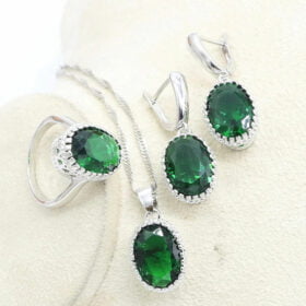 Triple Jewelry Set Round Created Emerald Earrings,Necklace & Rings 925 Sterling Silver