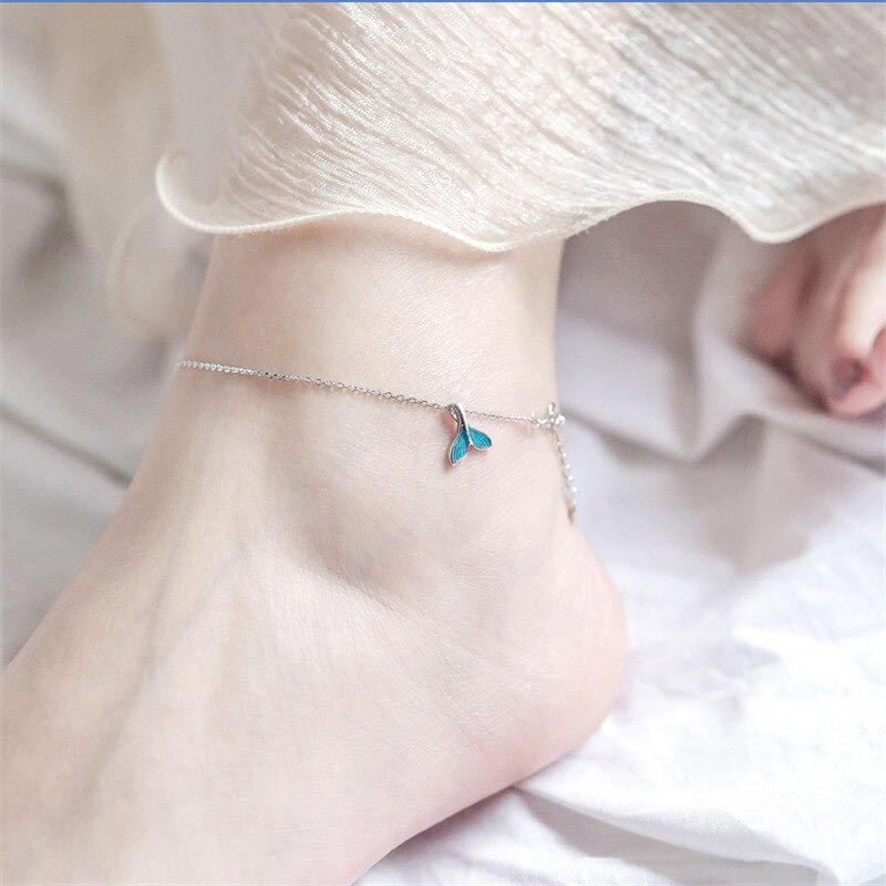 Whale Tail Fish Charm Adjustable Foot Chain Ankle 925 Sterling Silver